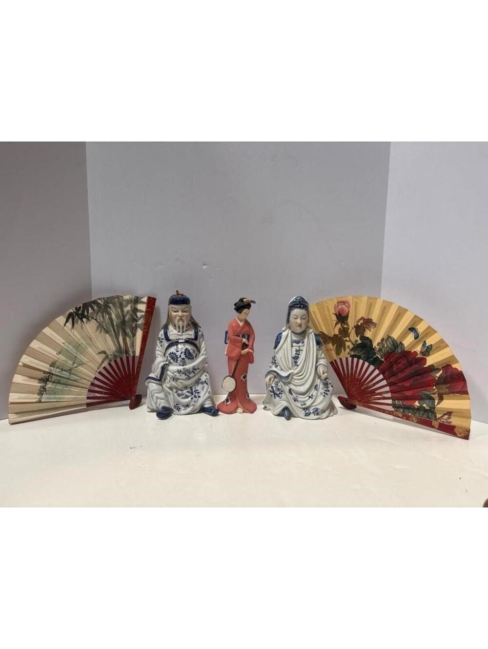 Vintage Asian Decor Lot Porcelain Figurines Geisha Folding Fans Hand Painted